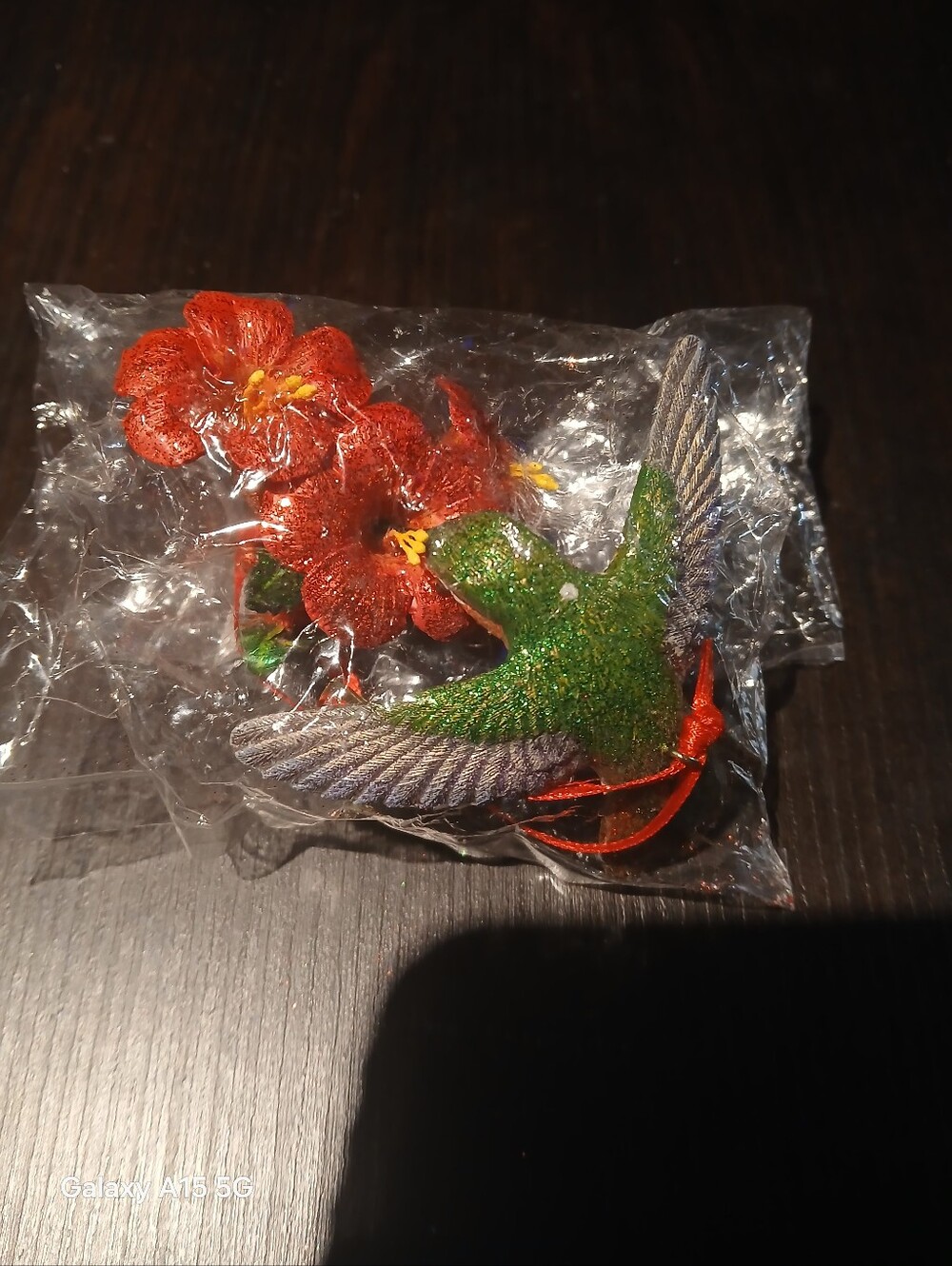 Danbury Mint Green and Red Glitter Hummingbird Ornament with Red Flower